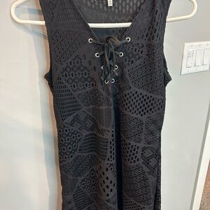 Almost Famous Black Crochet Lace-Up V-Neck Top